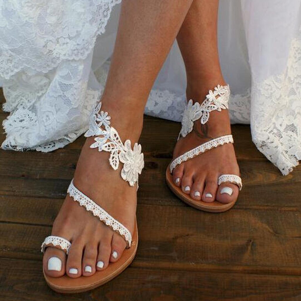 Vrouwen Platte Schoenen Zomer Bohemian Gladiator Romeinse Sandaal Kanten Bandjes Bloemen Stijl Sandalias Mujer Wit Vrouwelijke Strand Schoenen