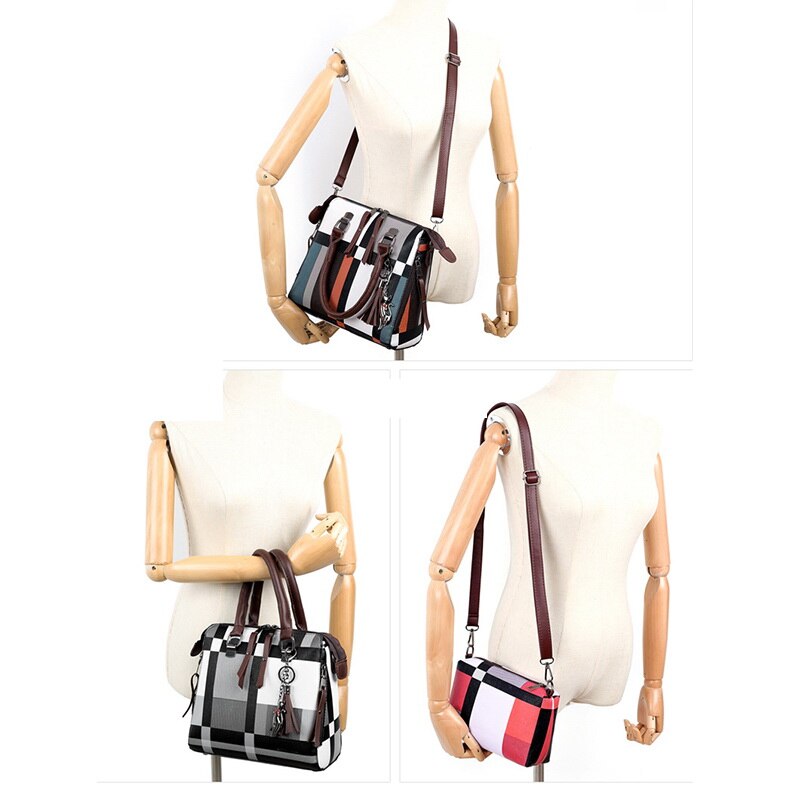 Gradosoo Plaid Patroon Handtassen 4 Sets Vrouwen Lederen Portemonnee en Handtas Bag Vrouwelijke Kwastje Schoudertas Vrouwen Crossbody Tas LBF651