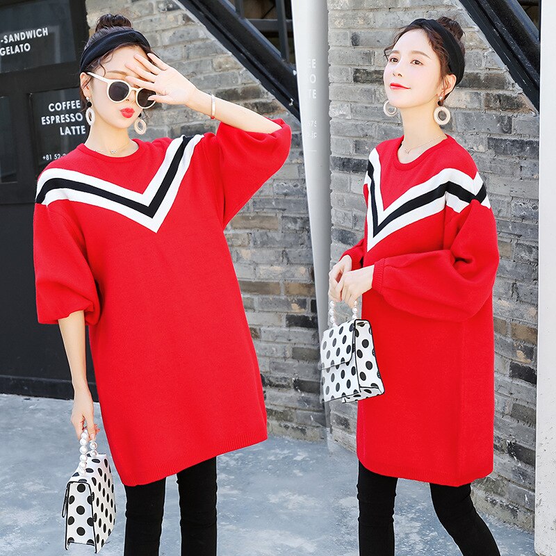 Barsel kvinder hætteløse o-hals lange pufærmer bluser moms loose fit bogstaver strikke pullover mellemlange sweatere