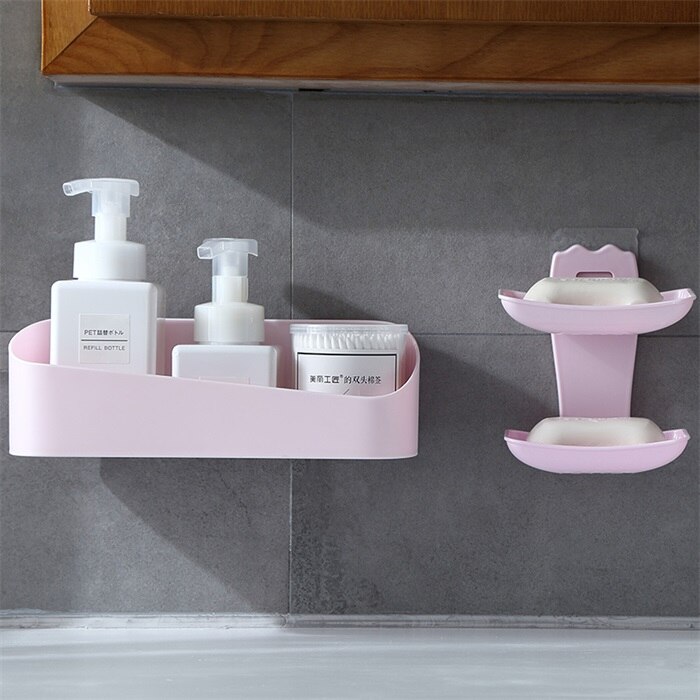 Bathroom Accessories Storage Shelf & Rack Waterproof Floating Shelf Home Decoration Kitchen Free Punching Wall Hanging H1148: Pink A