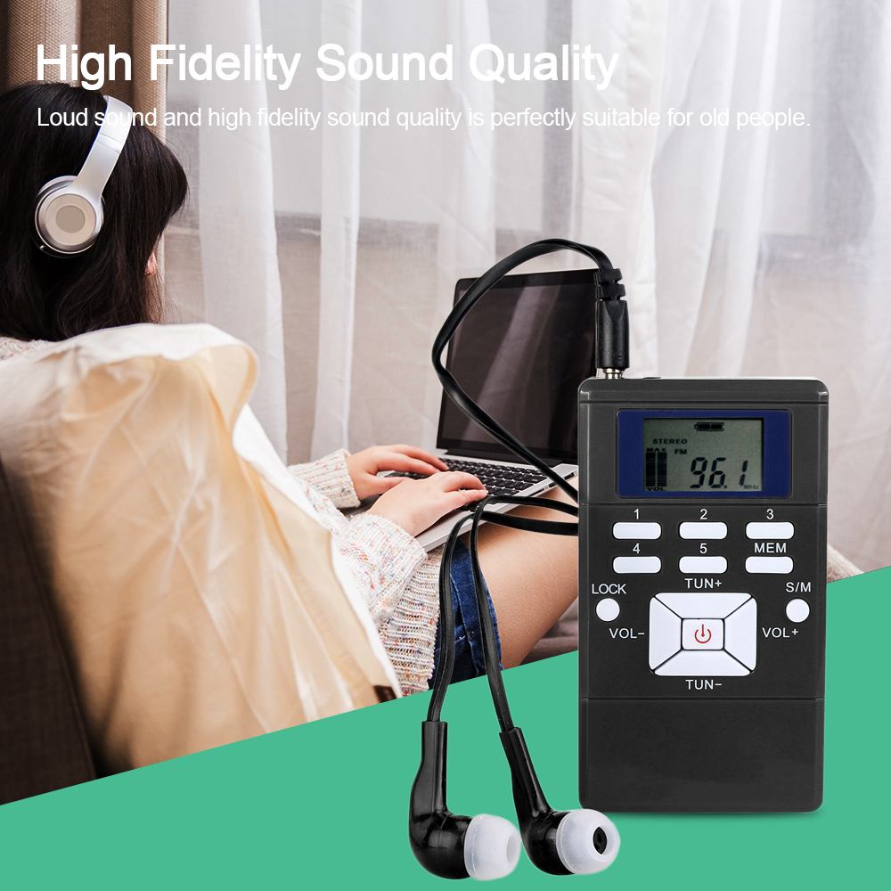 Mini DSP Stereo Radio FM Cyfrowy odbiornik zegara do spotkań Jednoczesne tłumaczenie Clip-on Radio ze smyczą do słuchawek 1.2