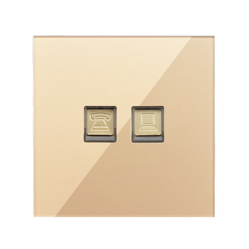 Double Socket Internet Socket Phone RJ45 Network Port Data TV Wall Socket PC Data Female Socket Luxury Gold Crystal Glass Panel: 1Telephone1Computer