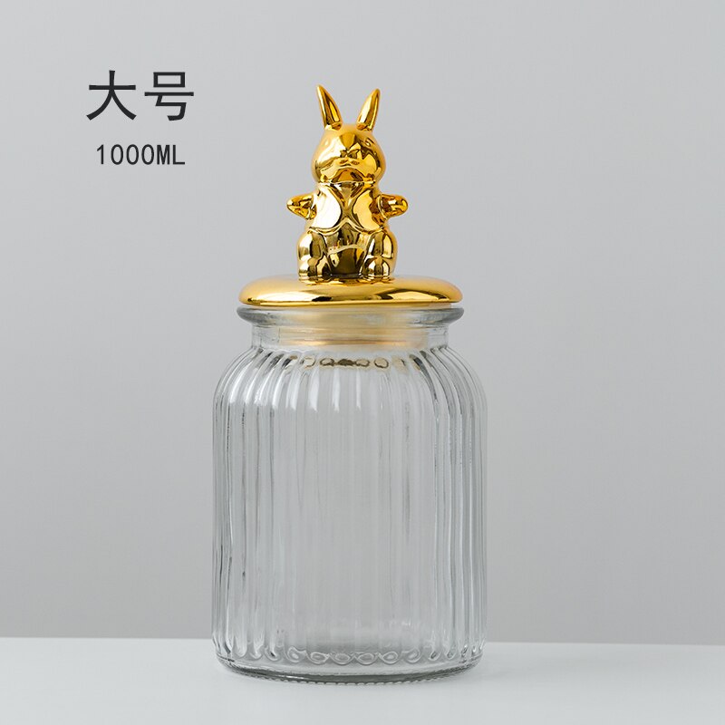 Transparent Glass Storage Jar Golden Ceramic Lid Cute Snack Tea Storage Food Grade Candy Jar Kitchen Storage Supplies: rabbit-L