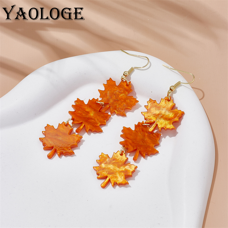 YAOLOGE Plant Red Maple Leaf Leaves Long Pendant Earrings For Women Trendy Ear Hook Acrylic Jewelry Party