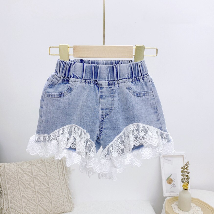 Söta tjejer spets jeans korta barnshorts för sommaren baby barn jeansshorts byxor resor strand korta kläder: 6t