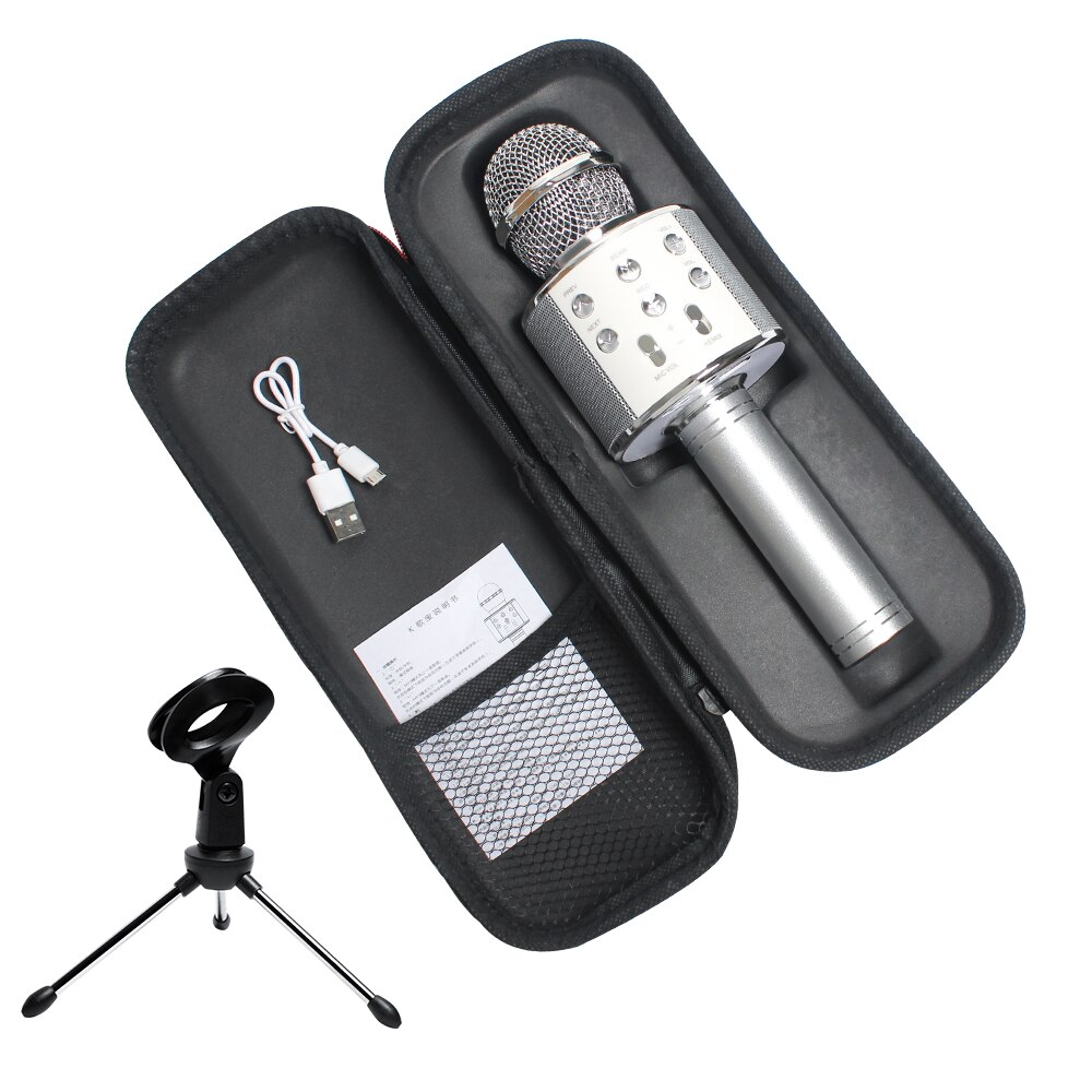 WS858 Microphone Bluetooth sans fil Mikrofon lecteur de musique micro avec trépied sac de rangement Bluetooth Microphone chantant karaoké: Silver