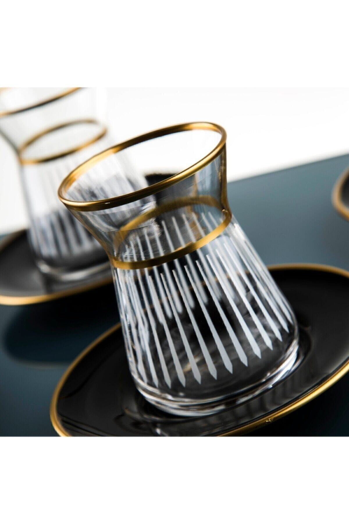 Håndlavede 12 dele tyrkiske te glas kopper sæt til 6 personer guld og sort farve fantastisk traditionel tyrkisk te sæt