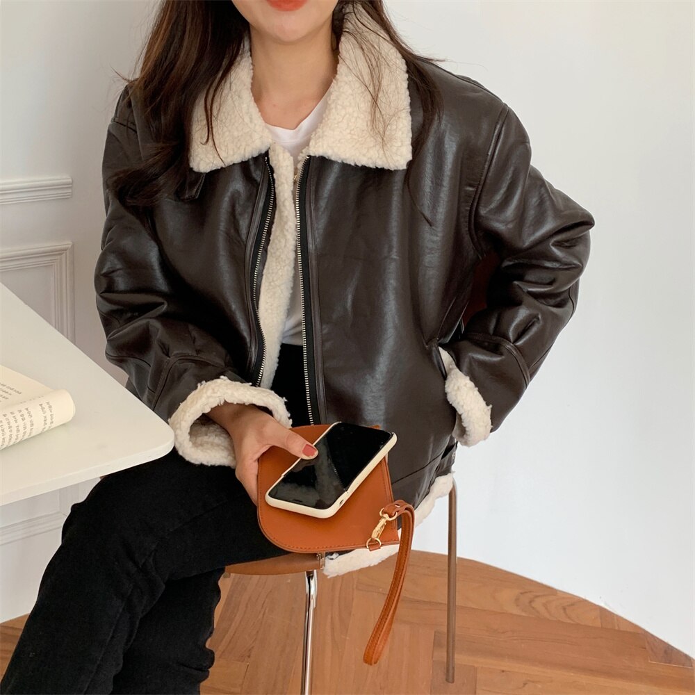 Alien Kitty Winter Work Wear Warm Women PU Jackets Streetwear Wool OL Femme All Match Casual Loose Coats