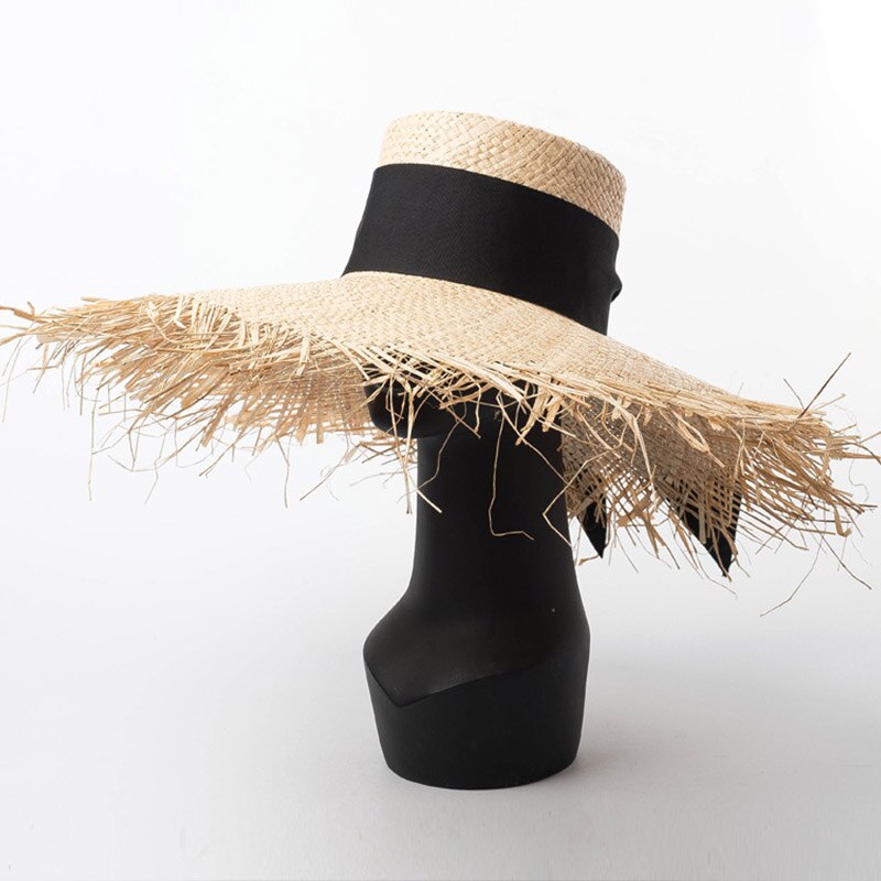 Sombreros Floppy de rafia elegantes para las mujeres negro blanco lazo visera del sol sombreros con flecos ala grande playa gorros con protección UV verano sombrero