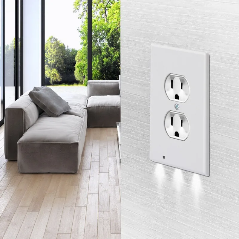 Duplex Electrical Outlet Modern Plugboard Plug-In Electrical Receptacle Wall Plate With LED Night Lights - Auto On/Off Sensor