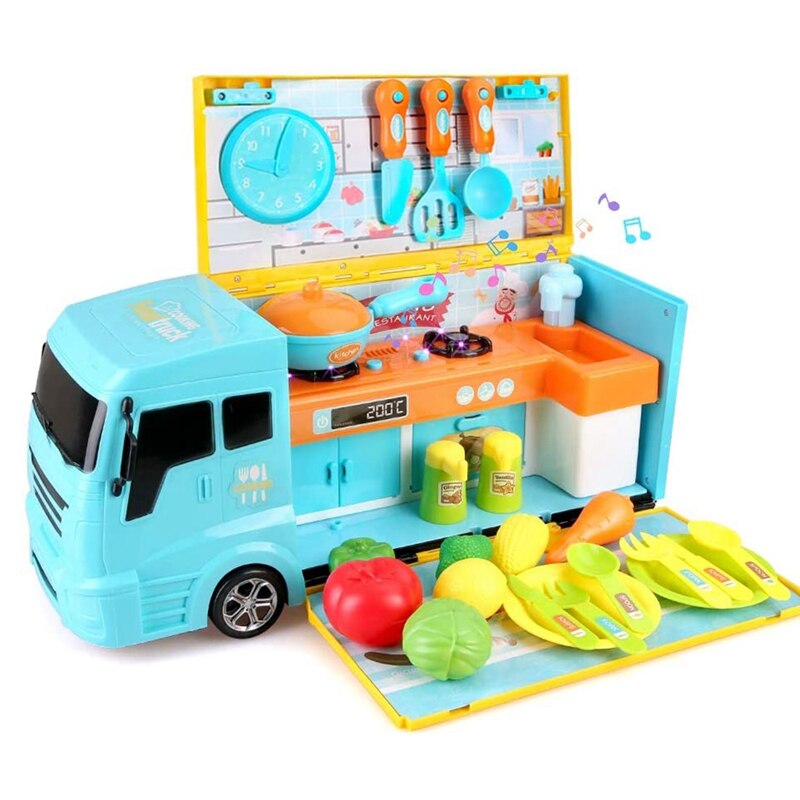 Camión de cocina para niños 2 en 1, camión de cocina para alimentos de juguete con luces de cocina y sonidos, juego de 33 Uds.: Blue