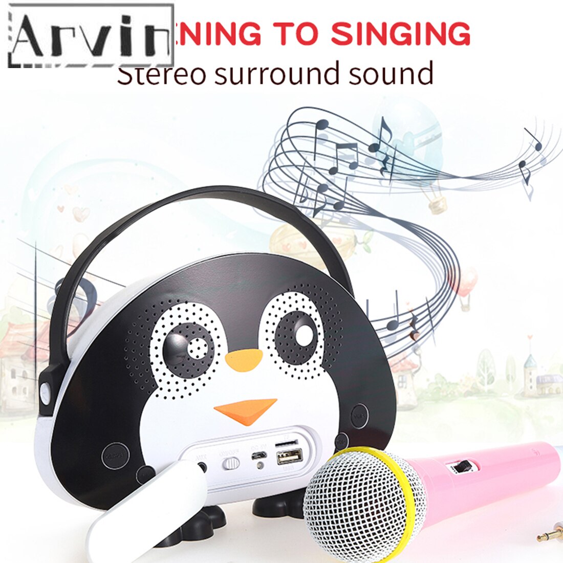 Altavoz Bluetooth portátil para niños, barra de sonido inalámbrica, máquina de Karaoke con micrófono, juguete interactivo, para niños-negro y blanco