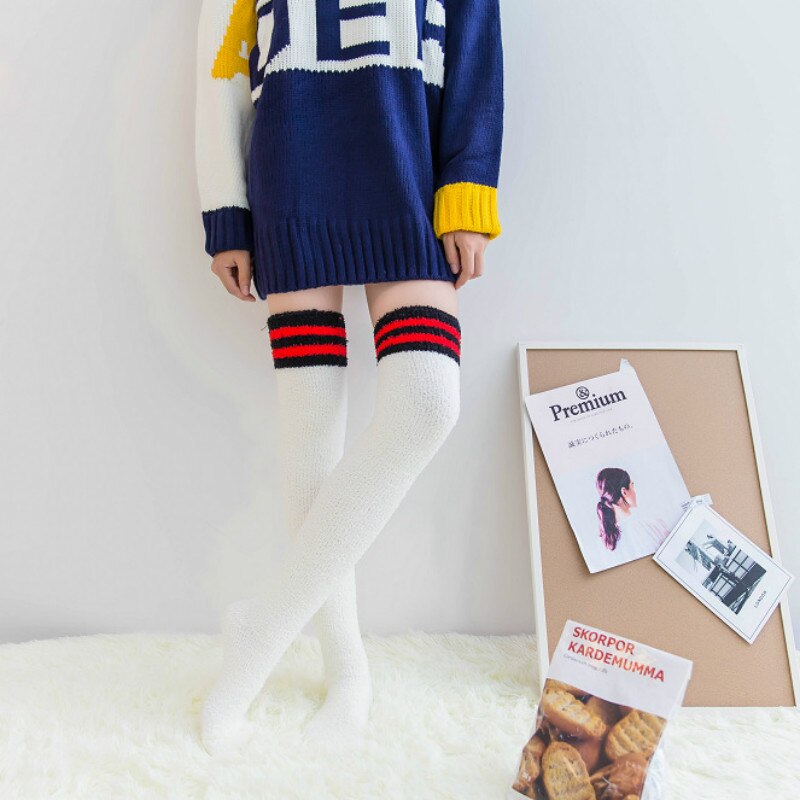 Women's Knee Socks Winter Coral Fleece Knee-socks Long Over Knee Cute Stockings Thick Warm Striped Socks