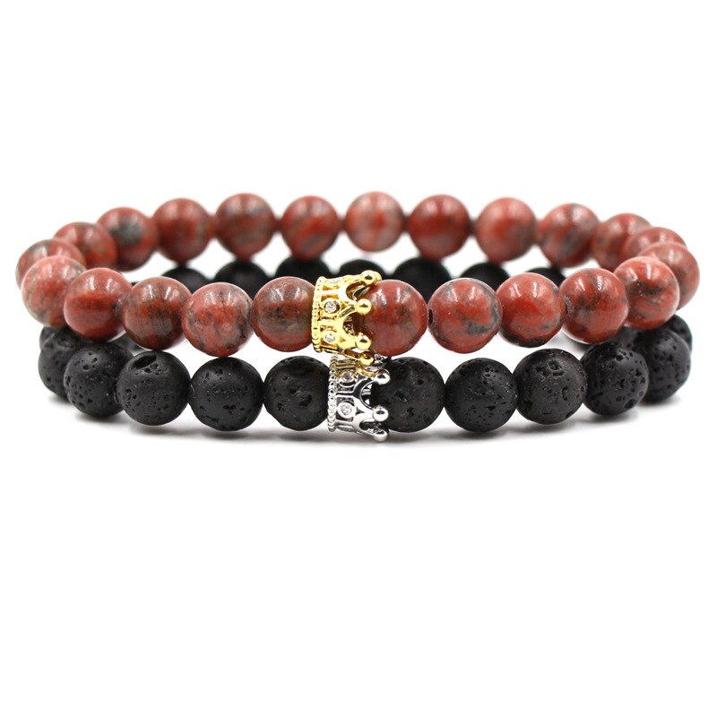 8mm 2 stk/sæt par mikro indsat zirkon krone armbånd klassisk natursten elastisk kvinder charm perler armbånd til mænd smykker: Farve 13