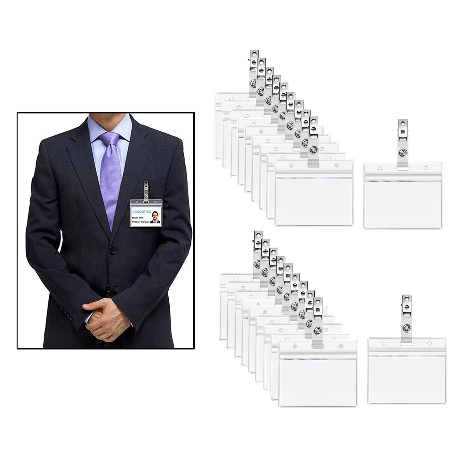 20PCS ID Badge Holders Horizontal/Vertical Clear Plastic Name Tag ID Card Holder Waterproof Resealable with Metal Clip: Horizontal