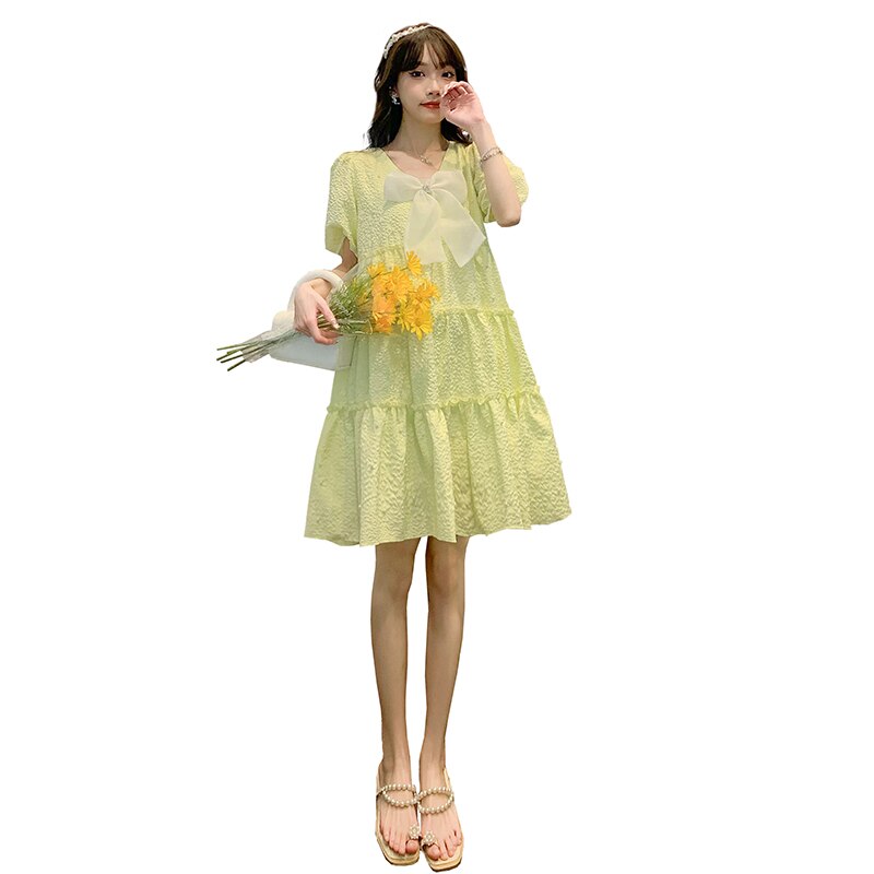 Vestido de estilo francés para mujer embarazada, ropa de maternidad con manga Hubble, Burbuja, cuello en V, Princesa de hadas, lazo, vestido de baile
