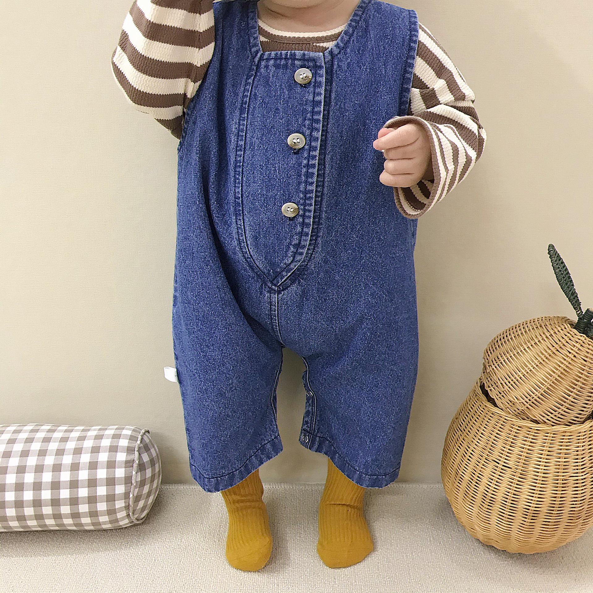 Baby Boy Denim Jumpsuit Autumn Infant Sleeveless Romper For Girls Kids Denim Overalls With Striped T Shirts: blue overalls / 12M  80cm