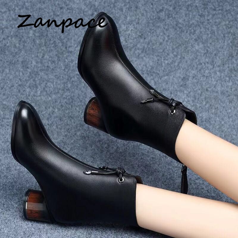 ZANPACE Leder frauen Hohe Stiefel Winter Schwarz Samt Dicke Warme frauen Schuhe Dicken Med Ferse Stiefeletten Frauen der Stiefel Größe 40