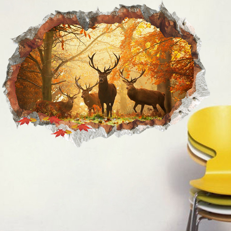 Pared rota 3D ciervo alce bosque pegatina de pared de sala de estar extraíble para la decoración del hogar, pegatinas de fondo, pegatinas de paisaje artístico