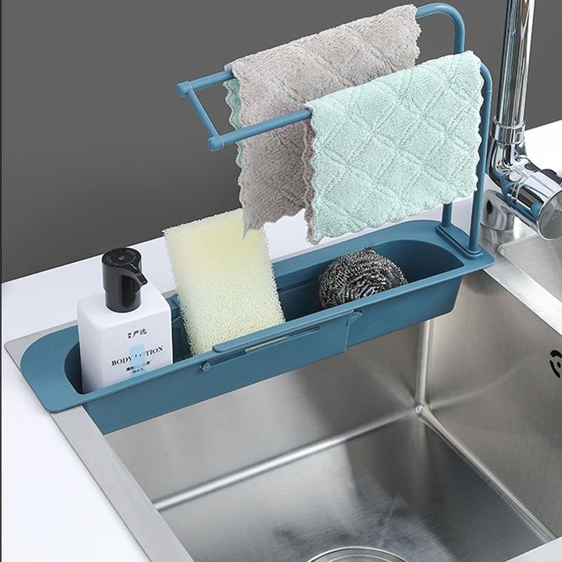 Teleskopisk vask opbevaringsstativ justerbart afløbsstativ køkkenvaske opbevaringsstativ orangizer vaskeskål svampholder badeværelse