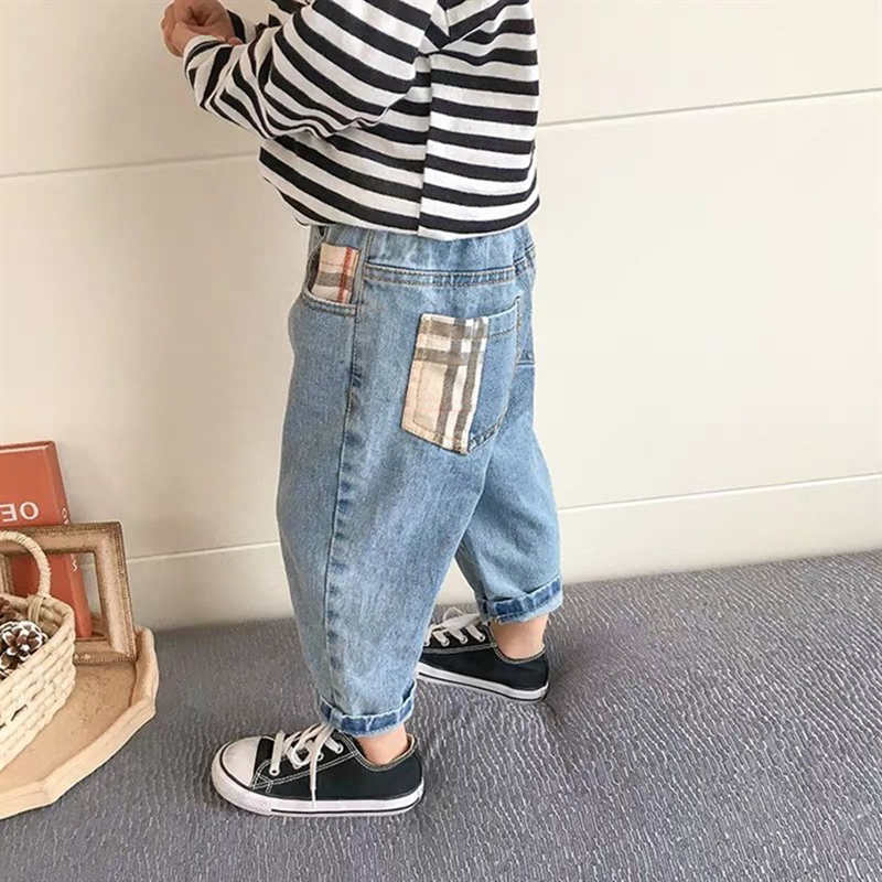 Herfst &amp; Lente Kids Jeans Kaki Plaid Pocket Broek Voor Boy &amp; Girl Kids Harembroek Kleding Voor Kinderen denim Broek
