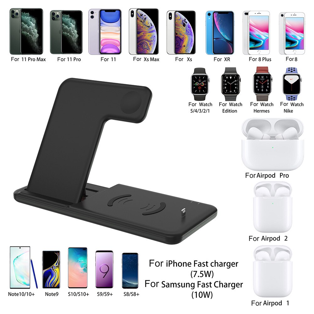 4 i 1 qi 15w rask trådløs lader til iphone 8 x xr  xs 11 samsung  s20 s10 ladestasjon til eple se 5 4 3 2 airpods pro