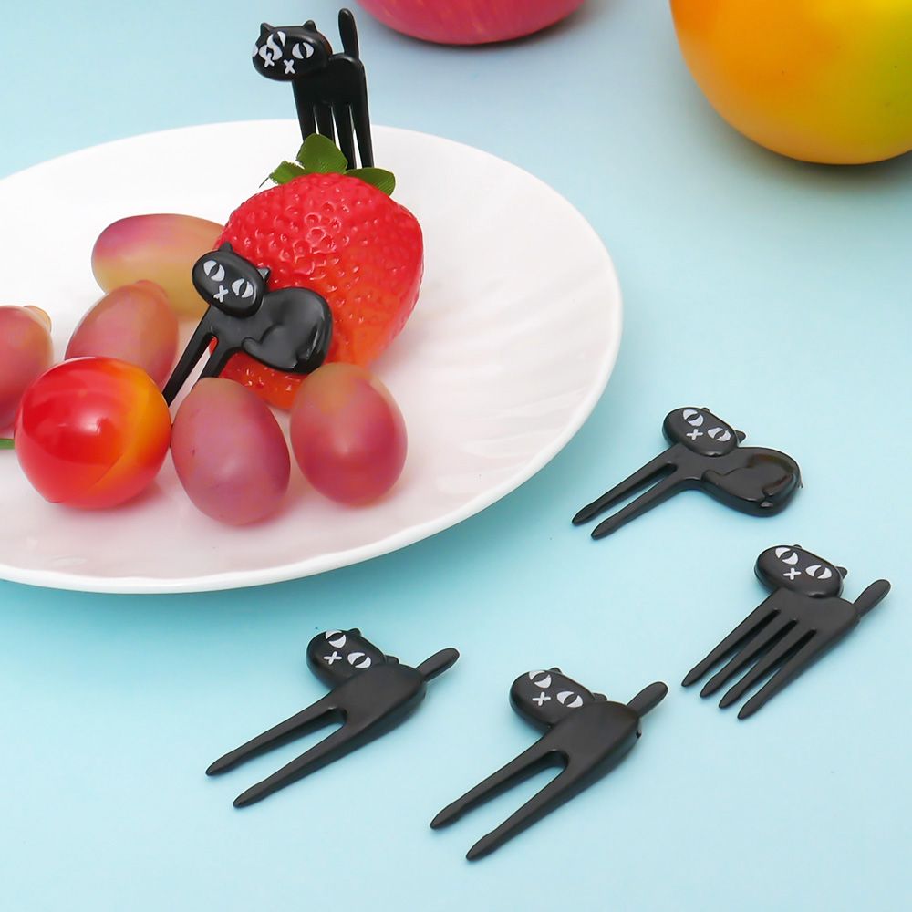 6 Pcs Mini Dier Vork Fruit Picks Leuke Cartoon Kat Kinderen Vork Bento Lunchbox Decor Accessoires Zwarte Kleur