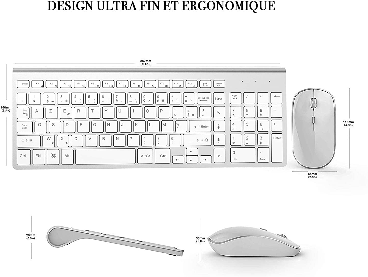 AZERTY French 2.4G Wireless Keyboard Mouse Ergonomic Compatible with IMac Mac PC Laptop Tablet Computer Windows (Silver White)