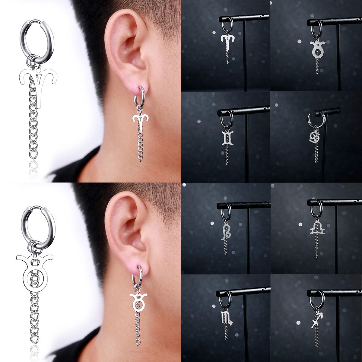 Pendientes de acero inoxidable con forma de constelación para hombre, joyería para Piercing, Aries, Leo, novedad