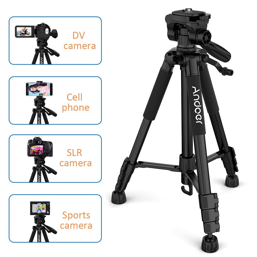 Andoer TTT 663N – trépied d'appareil photo léger de voyage de 57.5 pouces, pour la photographie et la prise de vue vidéo pour DSLR SLR avec sac de transport et pince pour téléphone