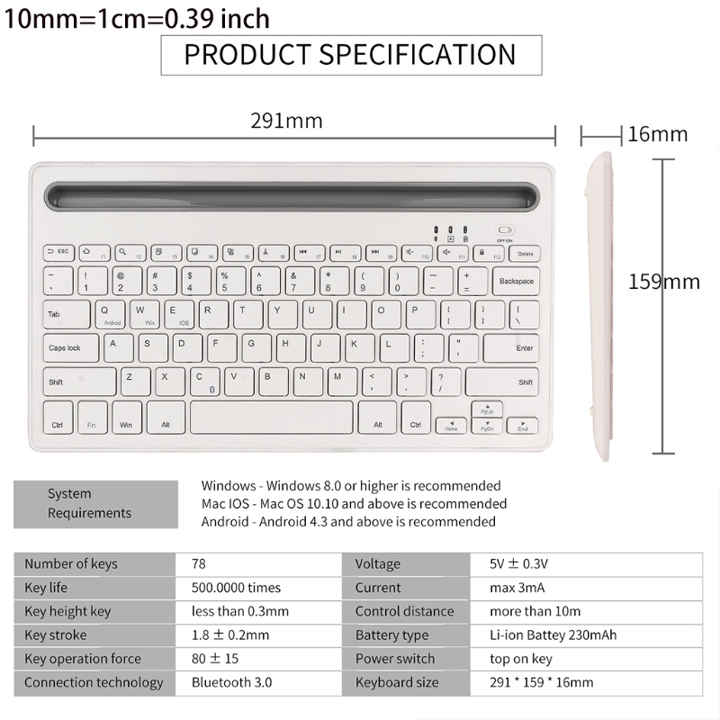 KX4A Lake Blue Support Wireless/ Bluetooth-compatible Multi-device Rechargeable Slim Multi-device Mobile Keyboard