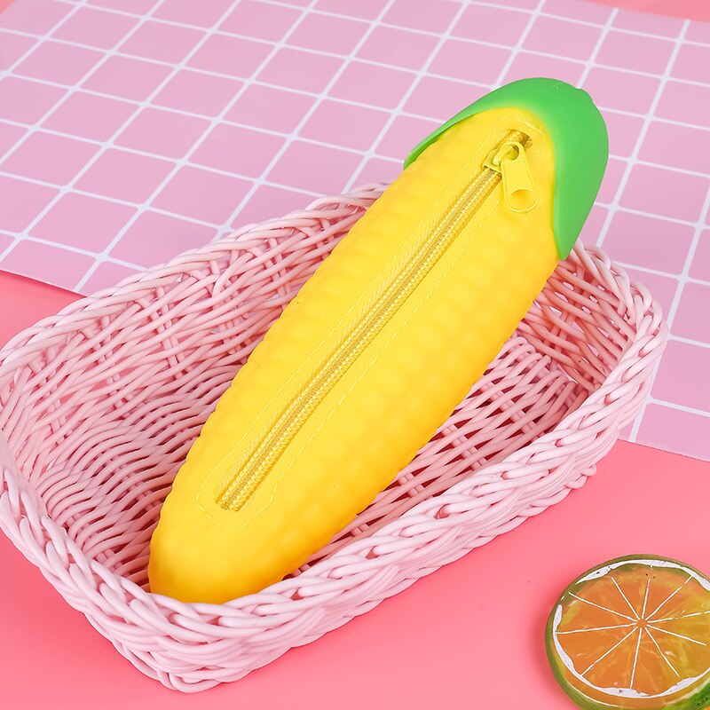 Eggplant Bean Pod Shaped Pen Case Silicone Pencil Bag Students Pencil Bag Primary Secondary School Stationery Kawaii Pencil Case: Corn
