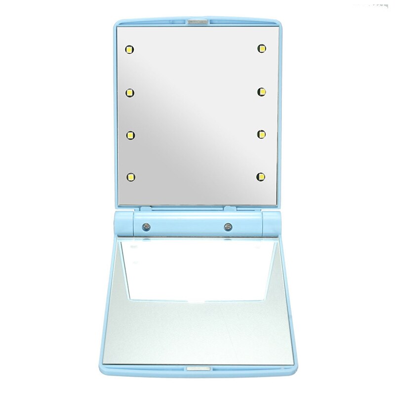Portable 8 LED Lights Makeup Mirrors Double-Sided Cosmetic Mirror Folding Compact Pocket Mirror With Lamps Women Beauty Tool: Blue