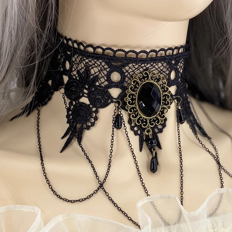 Gothic Victorian Black Lace Necklace Women Girl Boho Crystal Tassel Sexy Choker Steampunk Dark Loli Style Halloween Jewelry