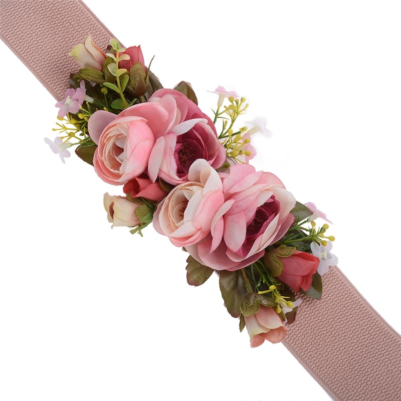 Imixlot Zoete Elegante Vrouwen Roze Bloem Riem Elastische Taille Ketting Bruiloft Gesp Tailleband Boho Bloemen Riem Accessoires