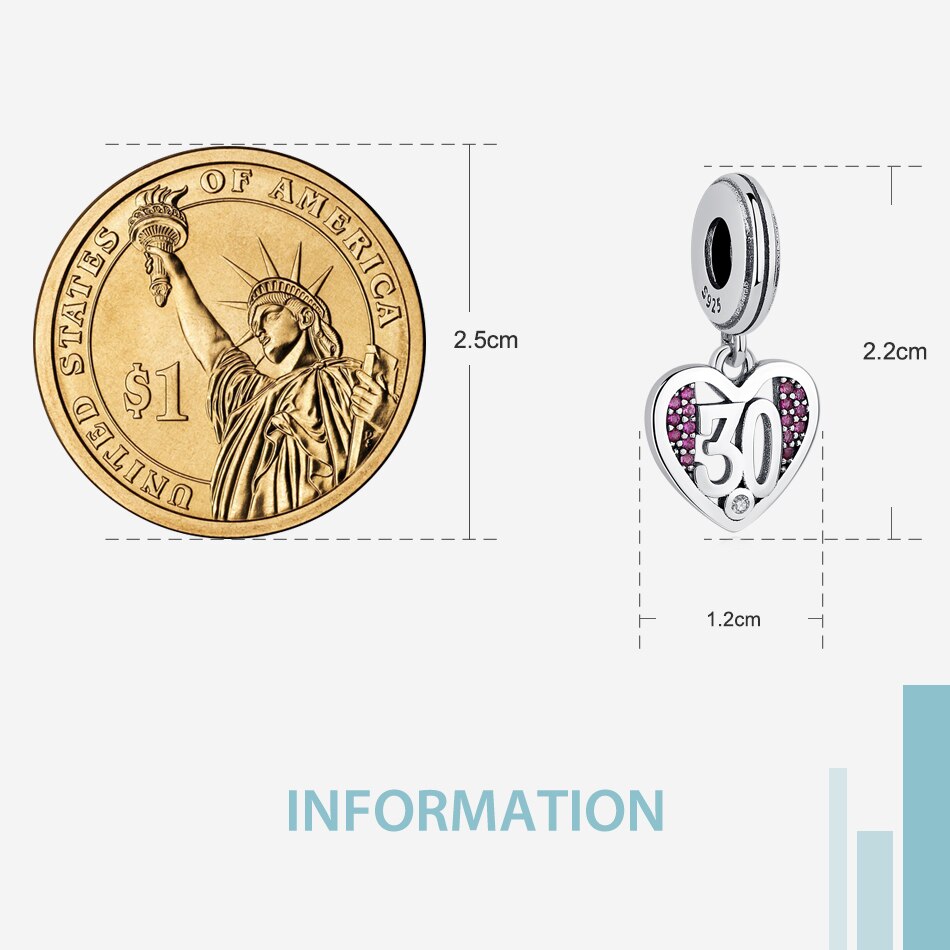 BELAWANG European 100% 925 Sterling Silver Heart 30 Years Age CZ Charms Fits Brand Bracelets Pendant For Women DIY Fine Jewelry