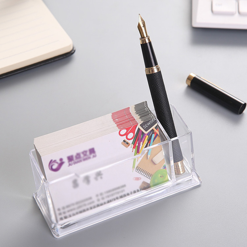 1pc Transparent Acrylic Business Card Pen Storage Box Desk Display Card Storage Box ID Card Organizer Office Supplies: 1pc With Pen Slot