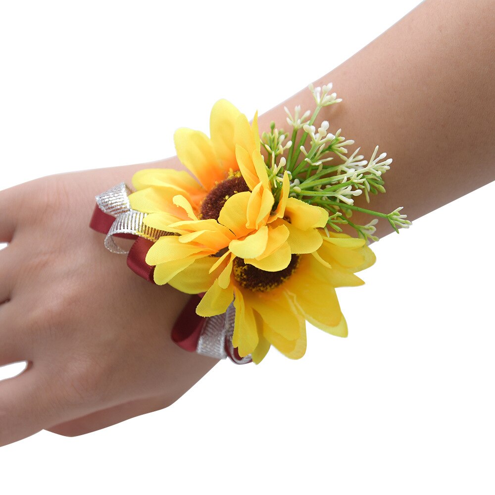 JaneVini – Bouquet de mariée tournesol jaune, fausses fleurs, feuilles vertes, roses artificielles, broches de mariée,: Wrist Flower Wine