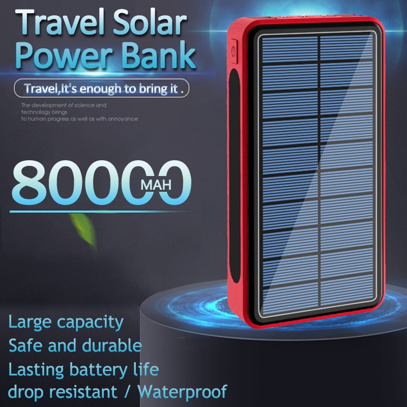 Panneau solaire de banque d'énergie solaire de 80000mAh pour Xiaomi Samsung IPhone imperméable et antipoussière chargeur extérieur de lumière de secours 3 LED