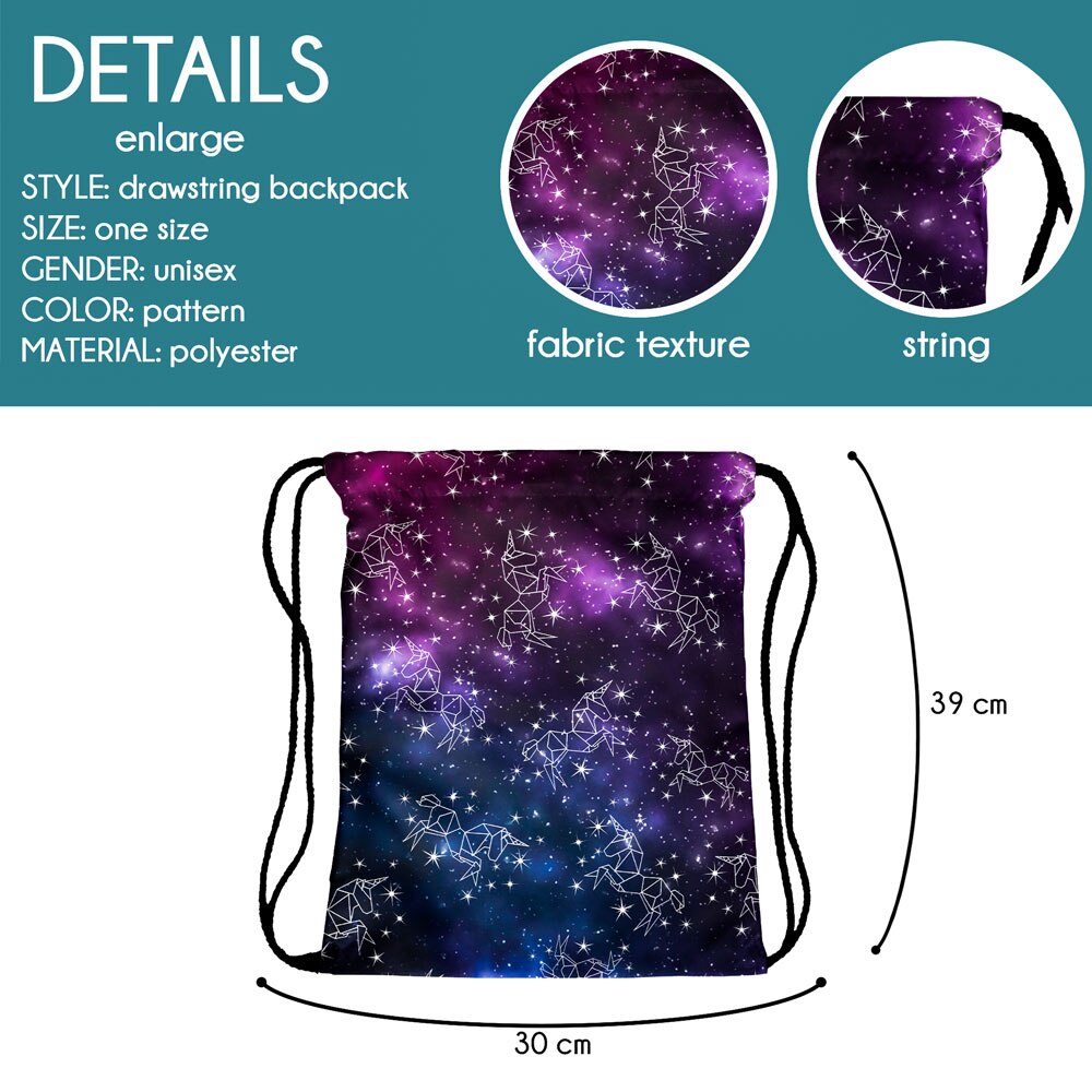 Quem se importa unicórnio saco céu estrelado cordão mochila feminina ginásio moda 3d impressão portátil à prova dwaterproof água esporte saco de viagem