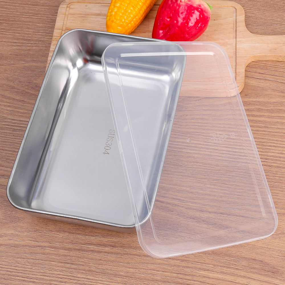 Caja de almacenamiento de alimentos de acero inoxidable, caja de mantenimiento fresco, tapa rectangular, fideos de salchicha, plato de fruta con tapa, contenedor de almacenamiento de alimentos