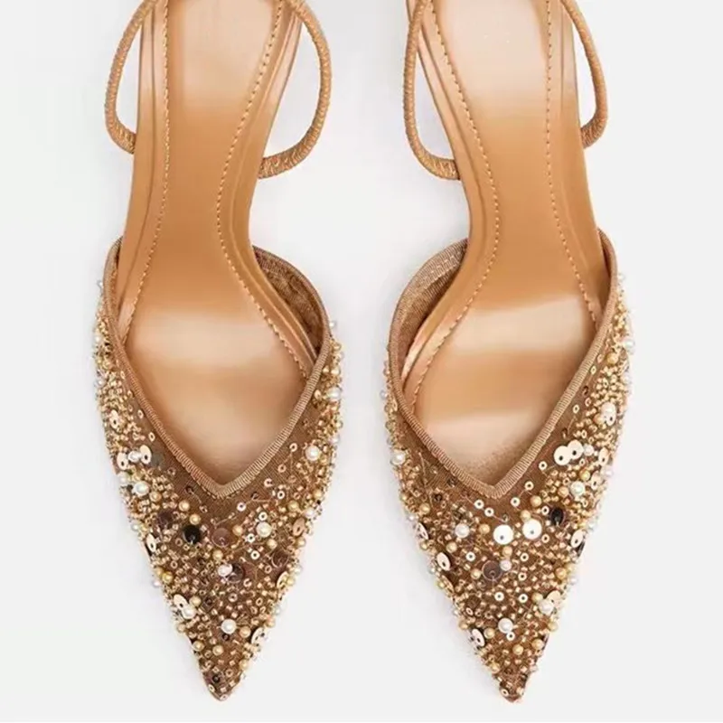 Bling snöre pärlnät andningsbara klacksandaler dam sexiga spetsig tå lyxiga dampumps slingbacks höga klackar