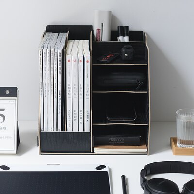 Wood Multi-Function Storage Box for Sundries Office Desk Organizer DIY Files Racks Eco Stationary Books/Magazines Holder: Black