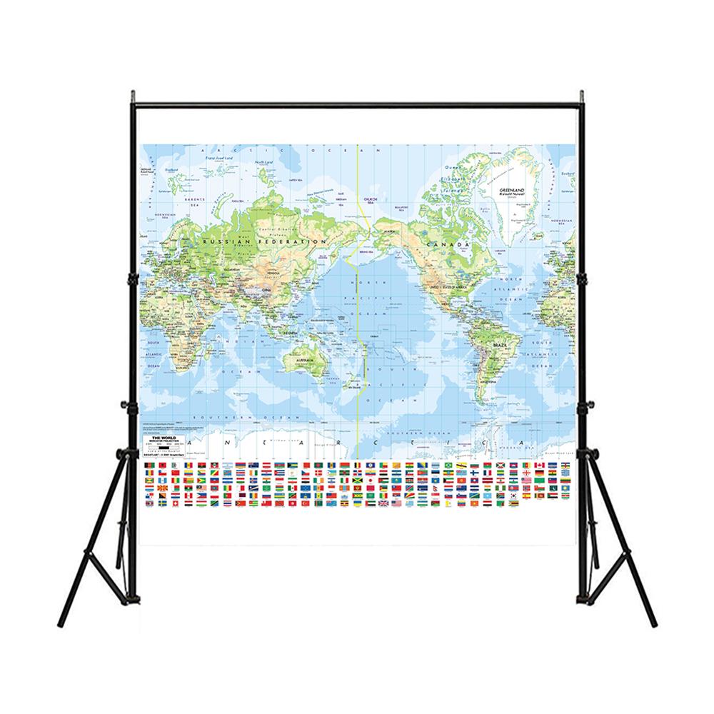 Niet-geweven Vinyl Spray Wereldkaart 150X150 Cm Mercator Projectie Kaart Met Nationale Vlag Voor Cultuur En onderwijs