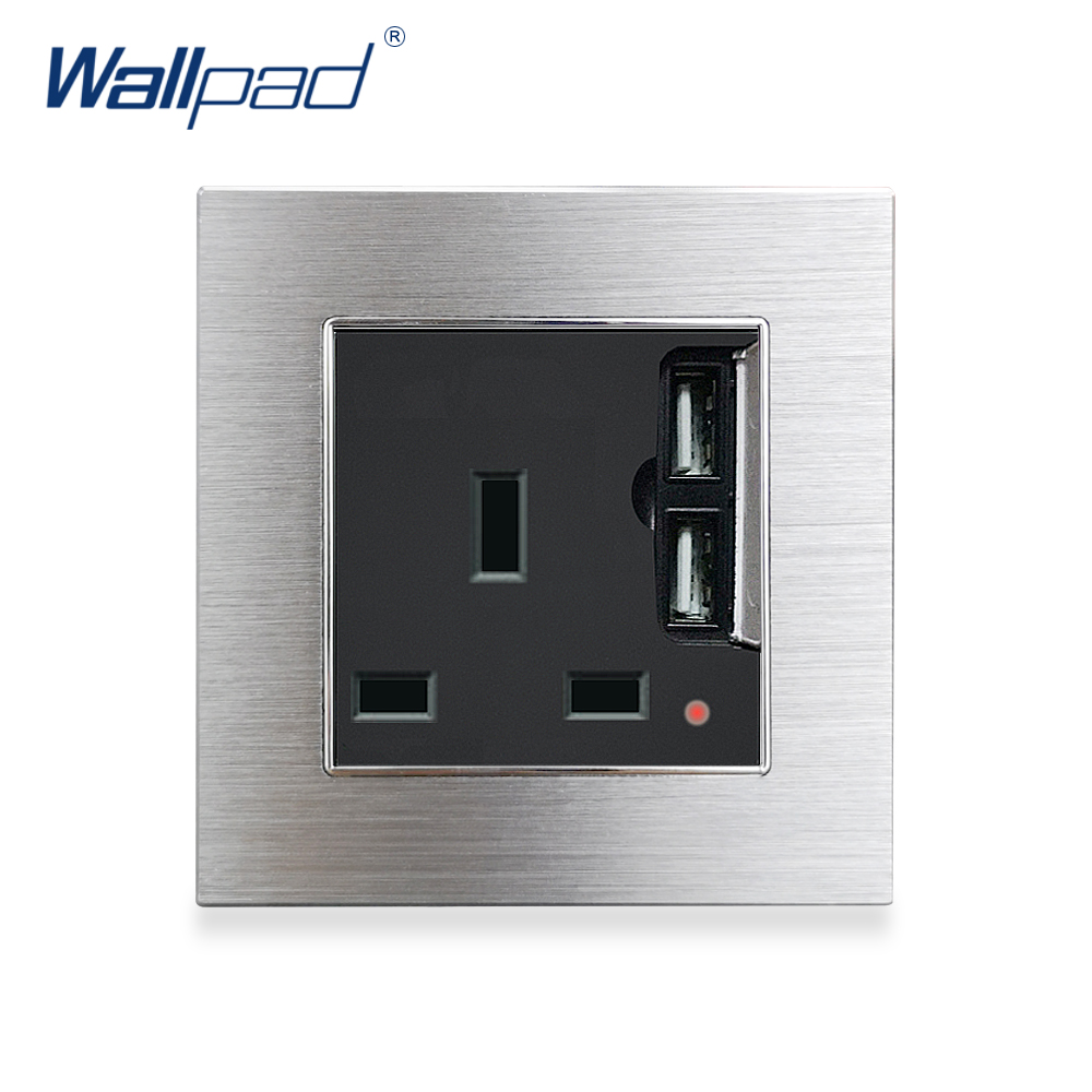 13A UK Socket with Double USB Charging Port with LED Indicator Wallpad Silver Metal UK socket with 2 USB Ports: Black