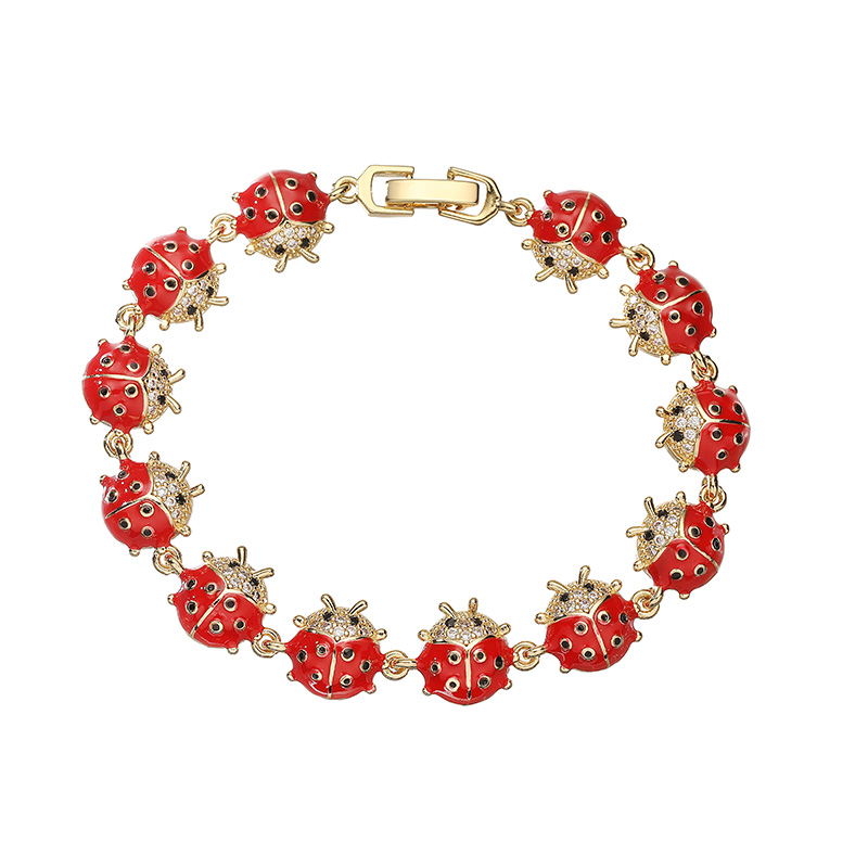 HECHENG, Enamel Dripping Oil Craft Insect Seven Star Ladybug Cute Sweet Bracelet Women's Jewelry: REDDISH BROWN