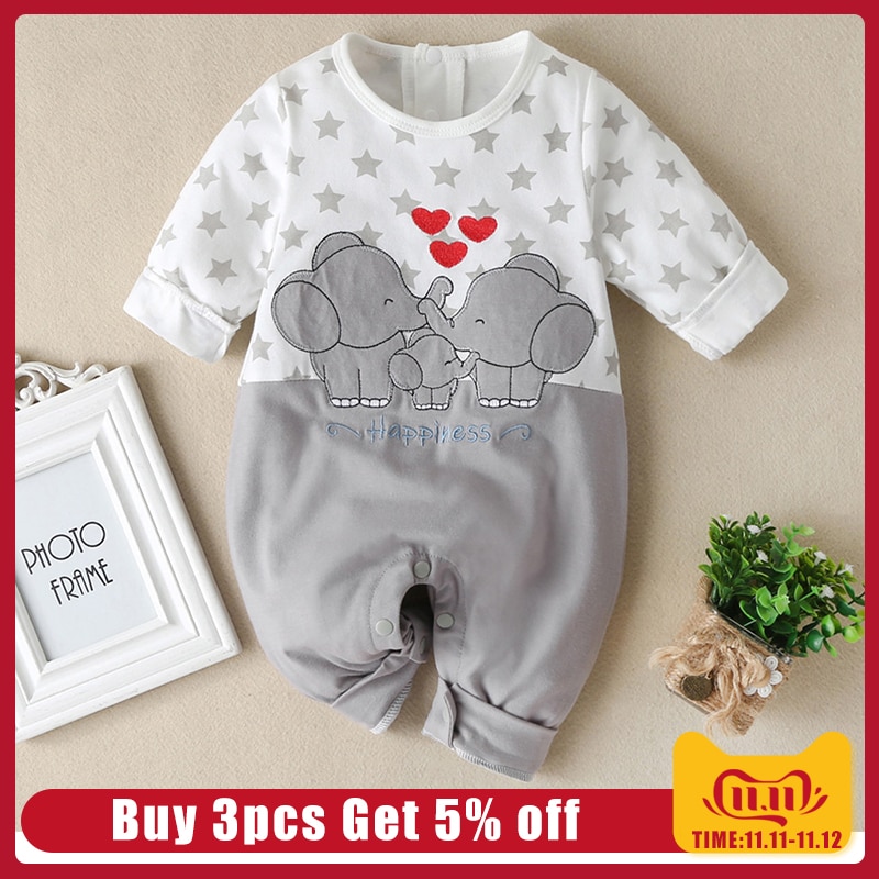 Baby Jungen Mädchen Romper Baumwolle Langarm Cartoon Elefant Druck Overall Infant Kleidung Herbst Winter Neugeborenen Baby Kleidung