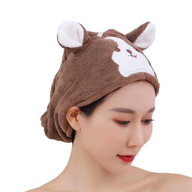 Cartoon Coral Velvet Hair Towel Turban Wrap Quick Dry Shower Hat with Button Cute Dog Microfiber Super Absorbent: Brown