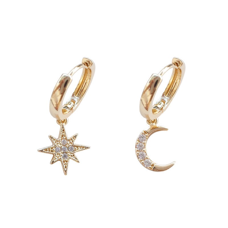 Lille trendy cubic zirconia moon star drop øreringe rose guld runde asymmetriske hoop øreringe til kvinder smykker aros mujer: Guld 1