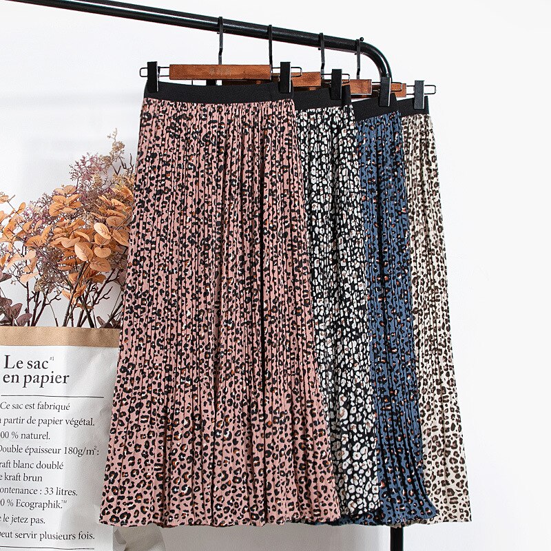 Jupe longue plissée en mousseline de soie imprimé léopard pour femmes, printemps, Vintage, ligne A, élastique, taille haute, VD2285
